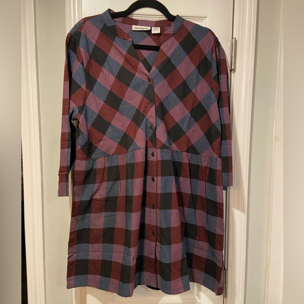NWOT Serengeti Size L Long Sleeve Black Burgundy Check Flannel Button Mini Dress